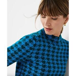 Ann Taylor Womens Houndstooth Jacquard Knit Pullover Mock Neck Sweater Blue XS